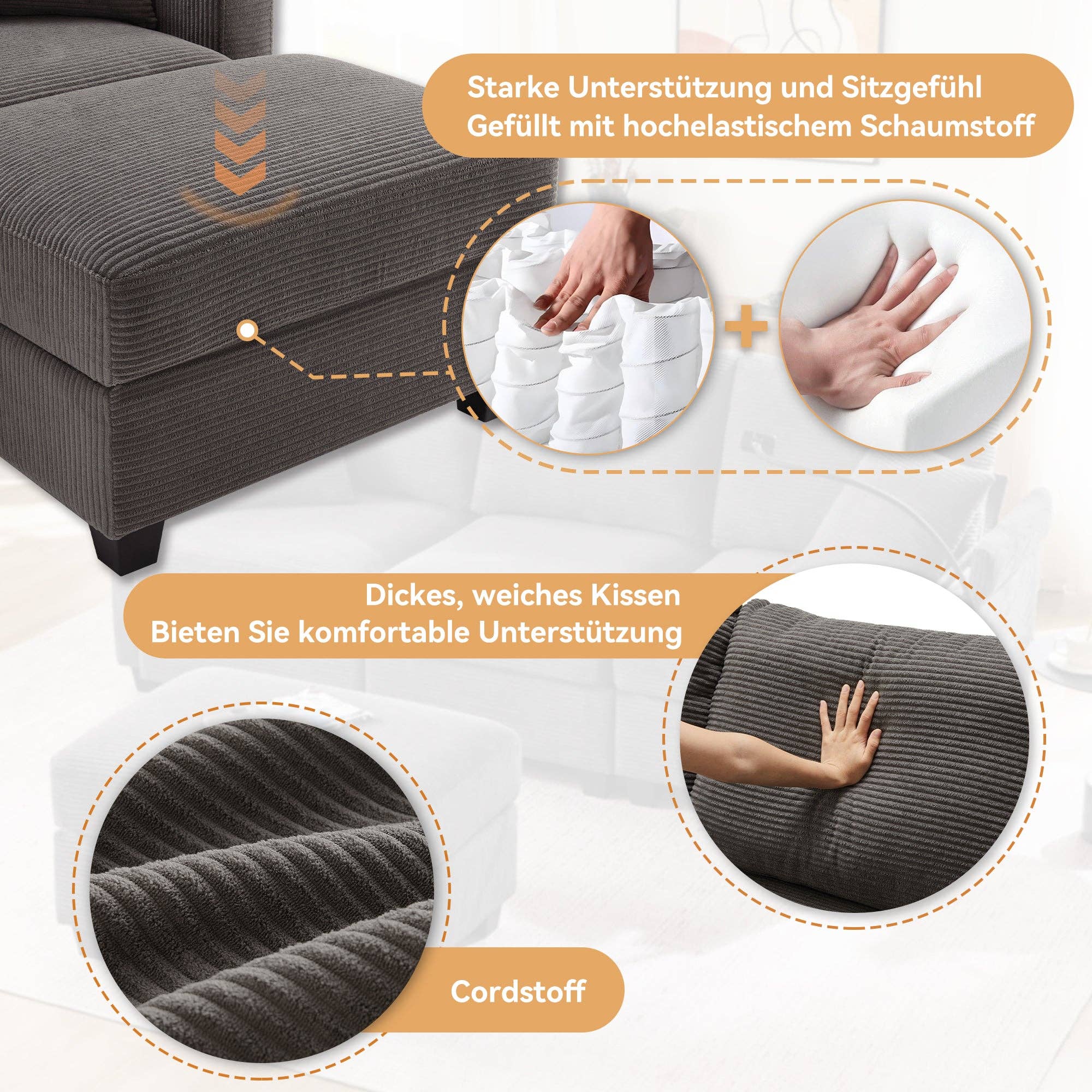 Urban Meuble - Wholesale Bank - Modulaire hoekbank in grijze ribfluweel, 3-4 zitplaatsen met afneembare poef, USB-poorten en bekerhouders GEYSERFOUNT13