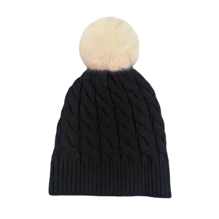 Cable Knit Faux Fur Pom Pom Beanie Hat - Black Color for wholesale by Shopping2help