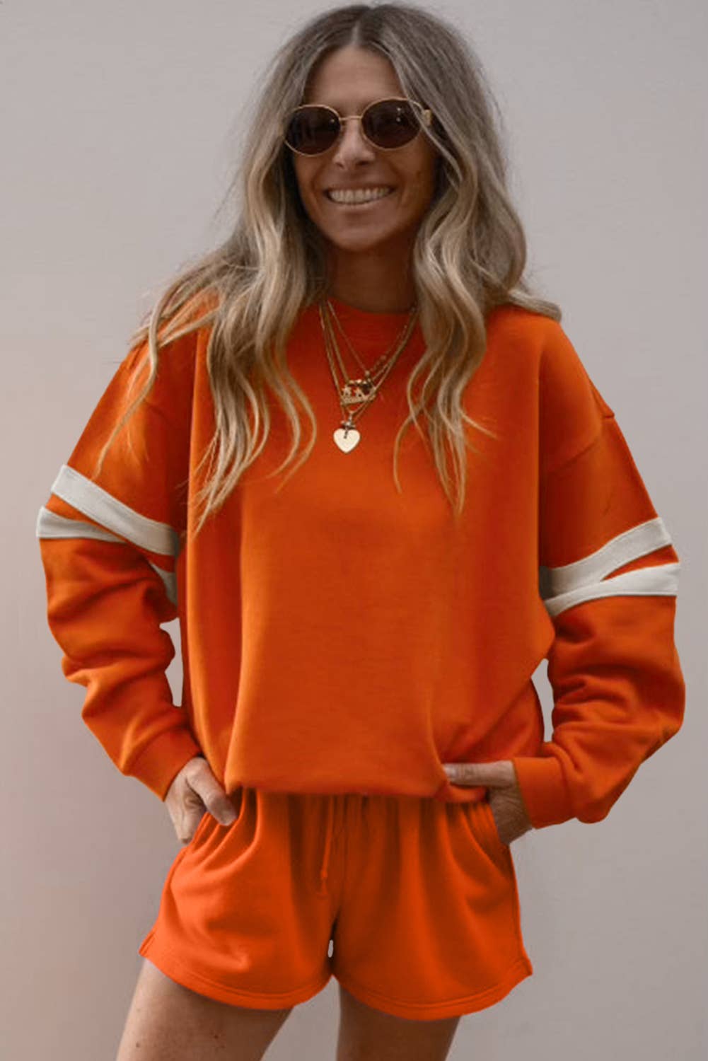 Babs + Birdie – wholesale Lounge set – Women's – Varsity Striped Sleeve Drop Shoulder Sweatshirt Short Set7