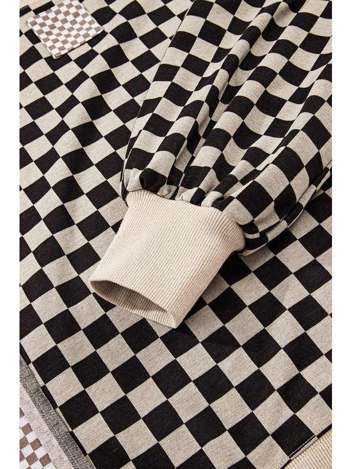 Khaki Checker Patchwork Long Sleeve Top for wholesale on Faire4