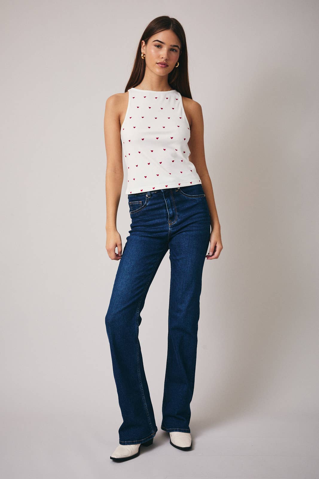 White BOAT NECK SLEEVELESS HEART EMBO RIBBED TANK for wholesale on Faire4