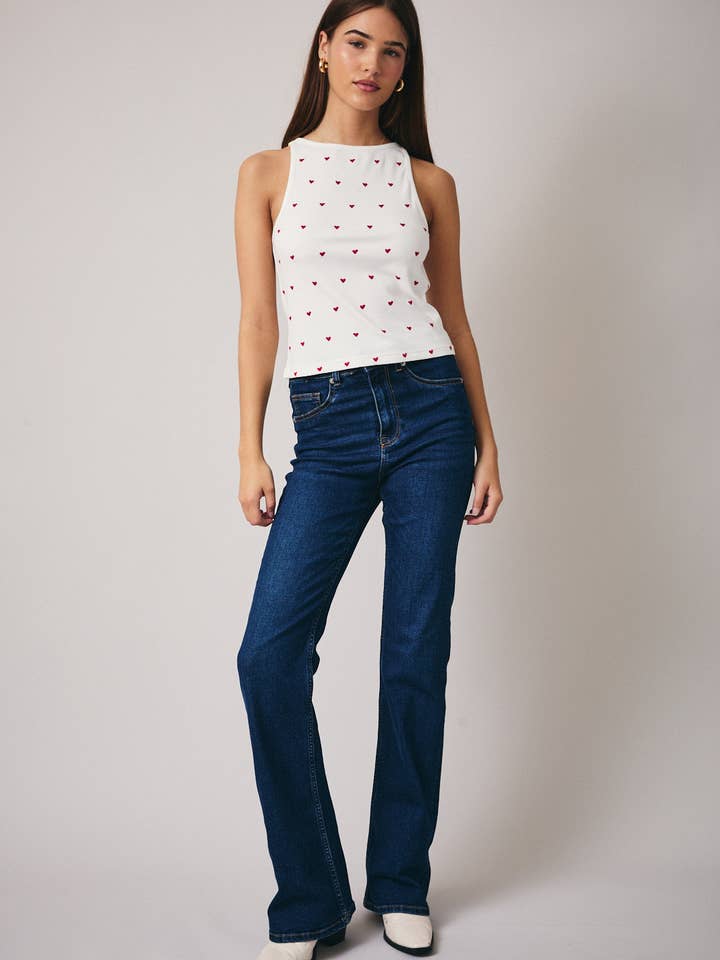 White BOAT NECK SLEEVELESS HEART EMBO RIBBED TANK for wholesale on Faire4