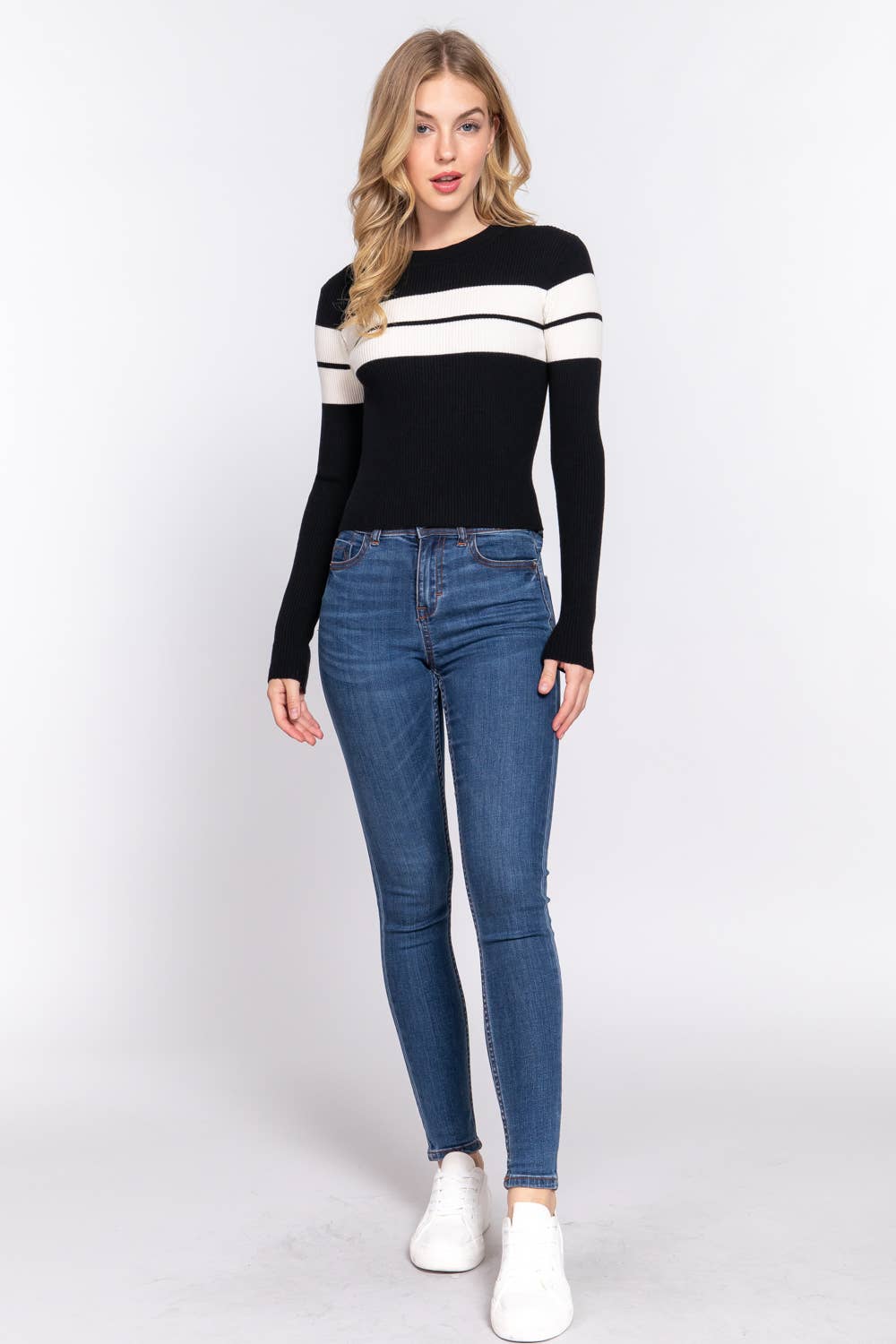 Active Basic | Active USA – wholesale Knitted jumper – Women′s – Long Sleeve Mock Neck Stripe Rib Sweater 11