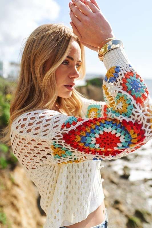 Ivory Embroidered Cropped Cardigan with Front Tie for wholesale on Faire