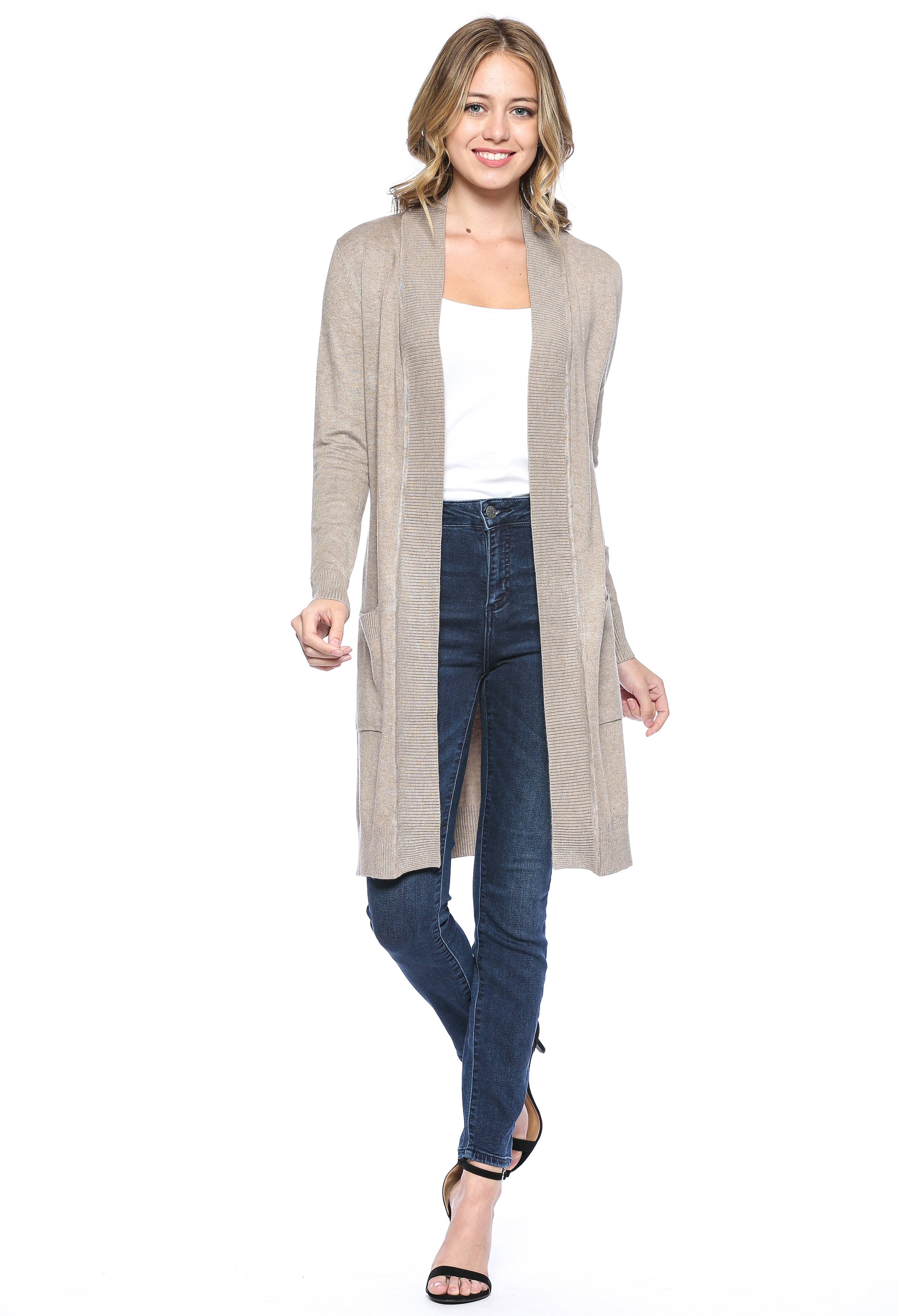 Newself Collection - Vente Cardigan – femme - Cardigan long en tricot ouvert classique à manches longues15