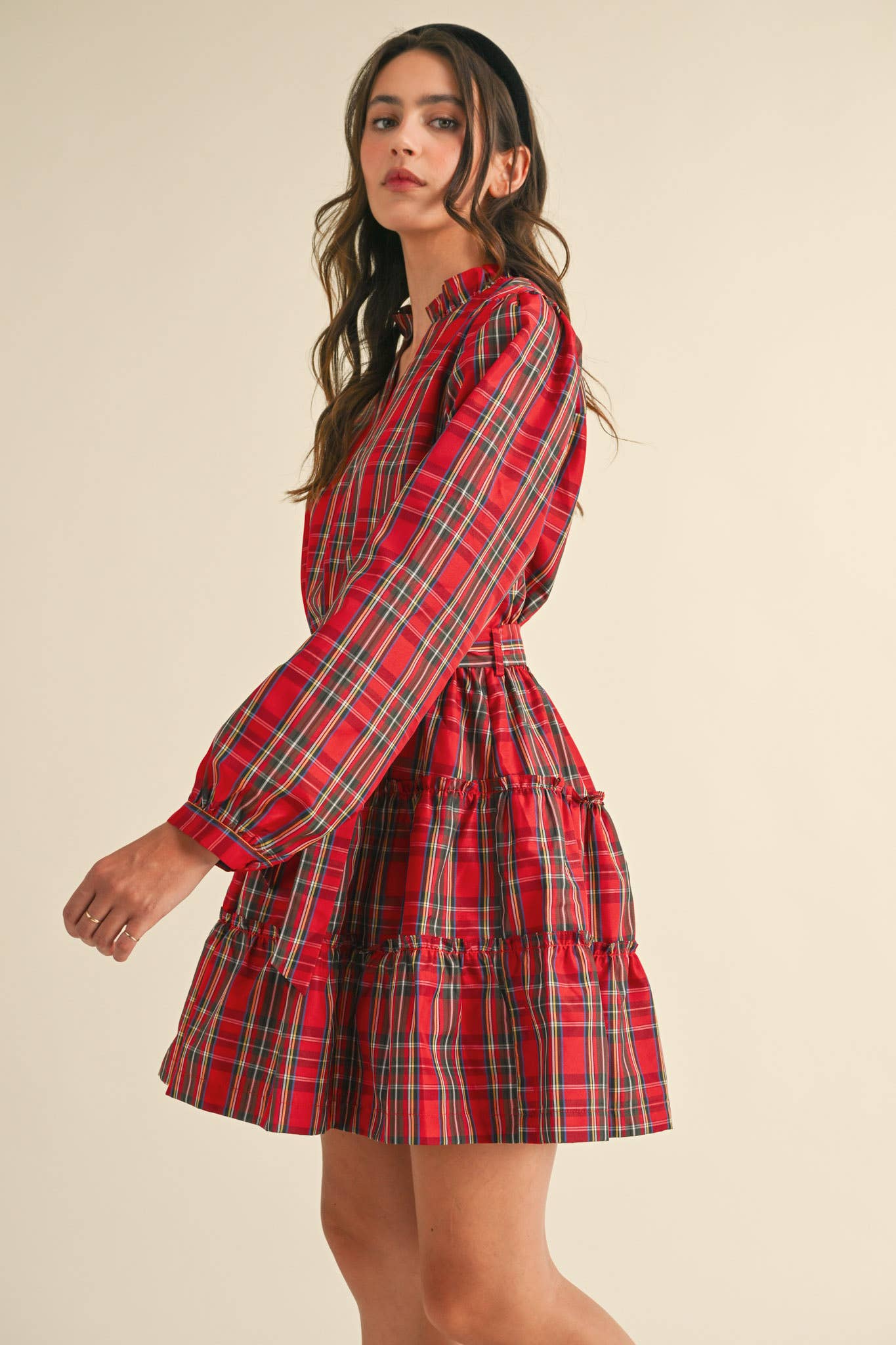 &MERCI - Wholesale Dress - Women's - PLAID MINI DRESS WITH TIERED RUFFLE TRIM MDR353826