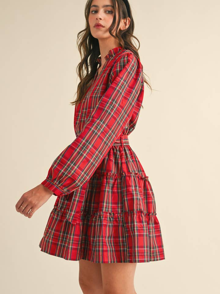 &MERCI - Wholesale Dress - Women's - PLAID MINI DRESS WITH TIERED RUFFLE TRIM MDR353826