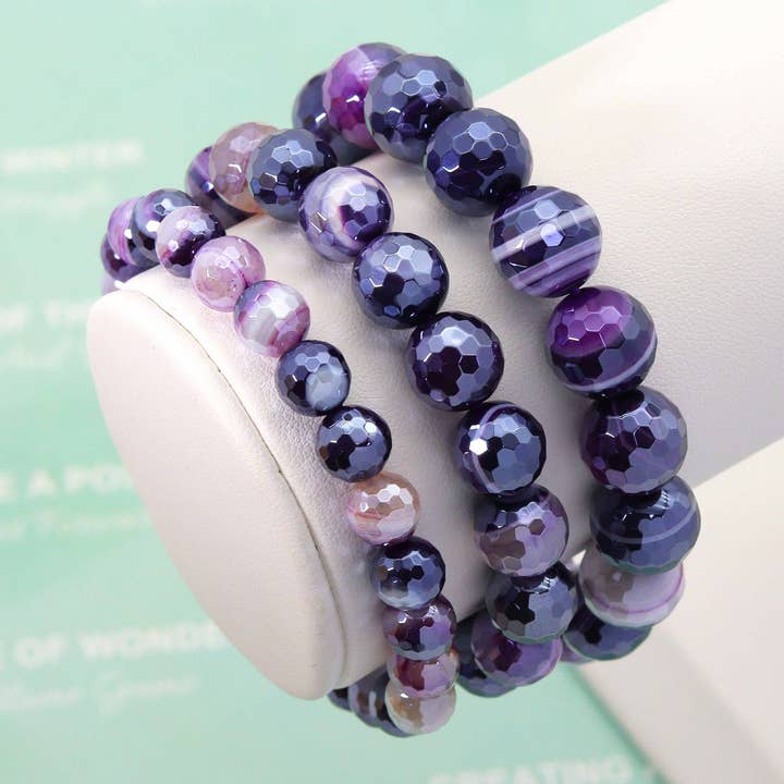 Mystic Purple Banded Agate Faceted Round Agate Stretchy Bracelet, Sku#EF95 for wholesale by BestBeads&Beyond