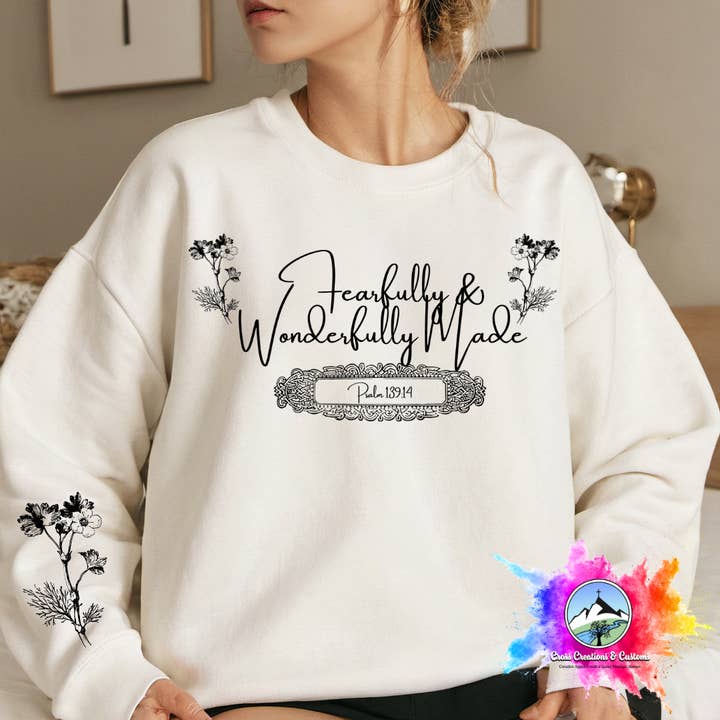 Christian Sweatshirt-Fearfully & Wonderfully Made-Faith base for wholesale by Honey & Haven