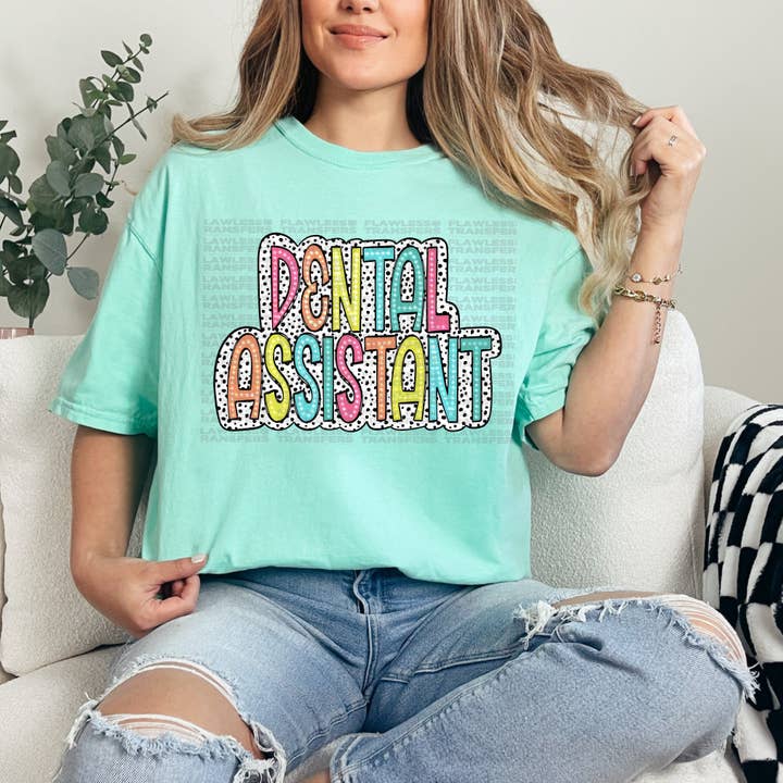 Dental Assistant Bright Color Doodle Dalmatian Dots DTF Transfer for wholesale by Flawless Transfers