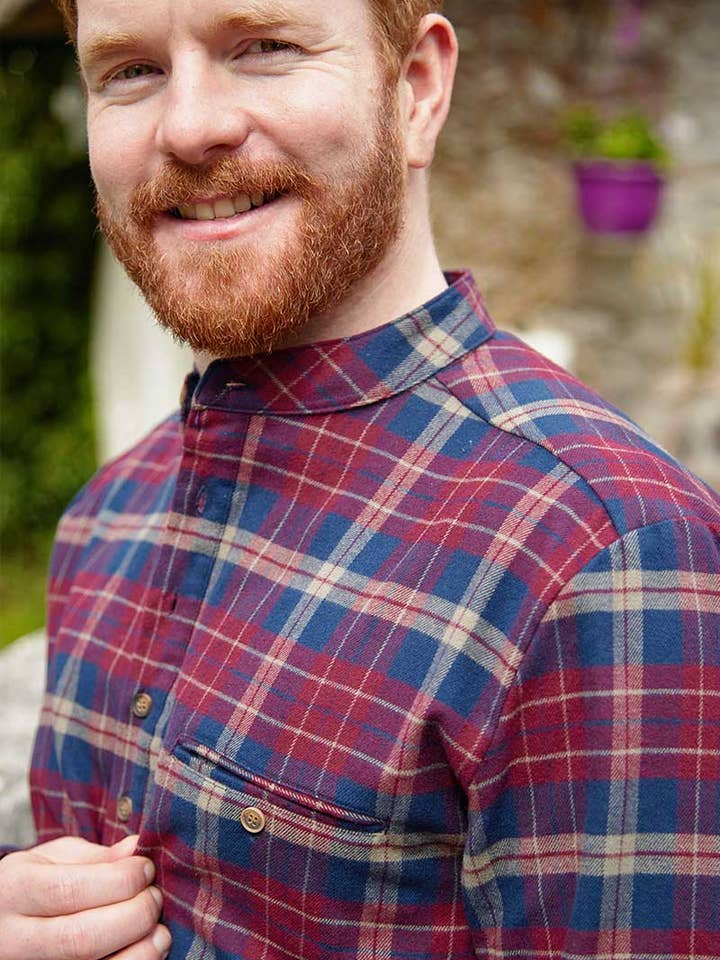 Lee Valley Ireland - Wholesale Button Down Shirt - Men's - Grandfather Shirt Flannel Maroon Navy Check (LV10)3
