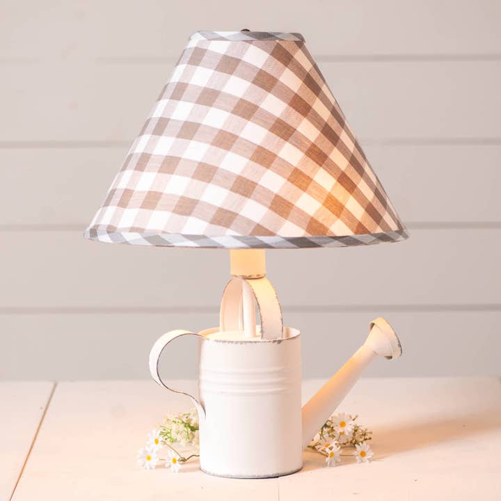 Watering Can Lamp in Rustic White with Gray Check Shade for wholesale by Heavenly Scents