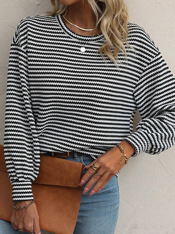 Lovesoft - Wholesale Knit Top - Women's - Stripe Round Neck Drop Shoulder Long Sleeve Top