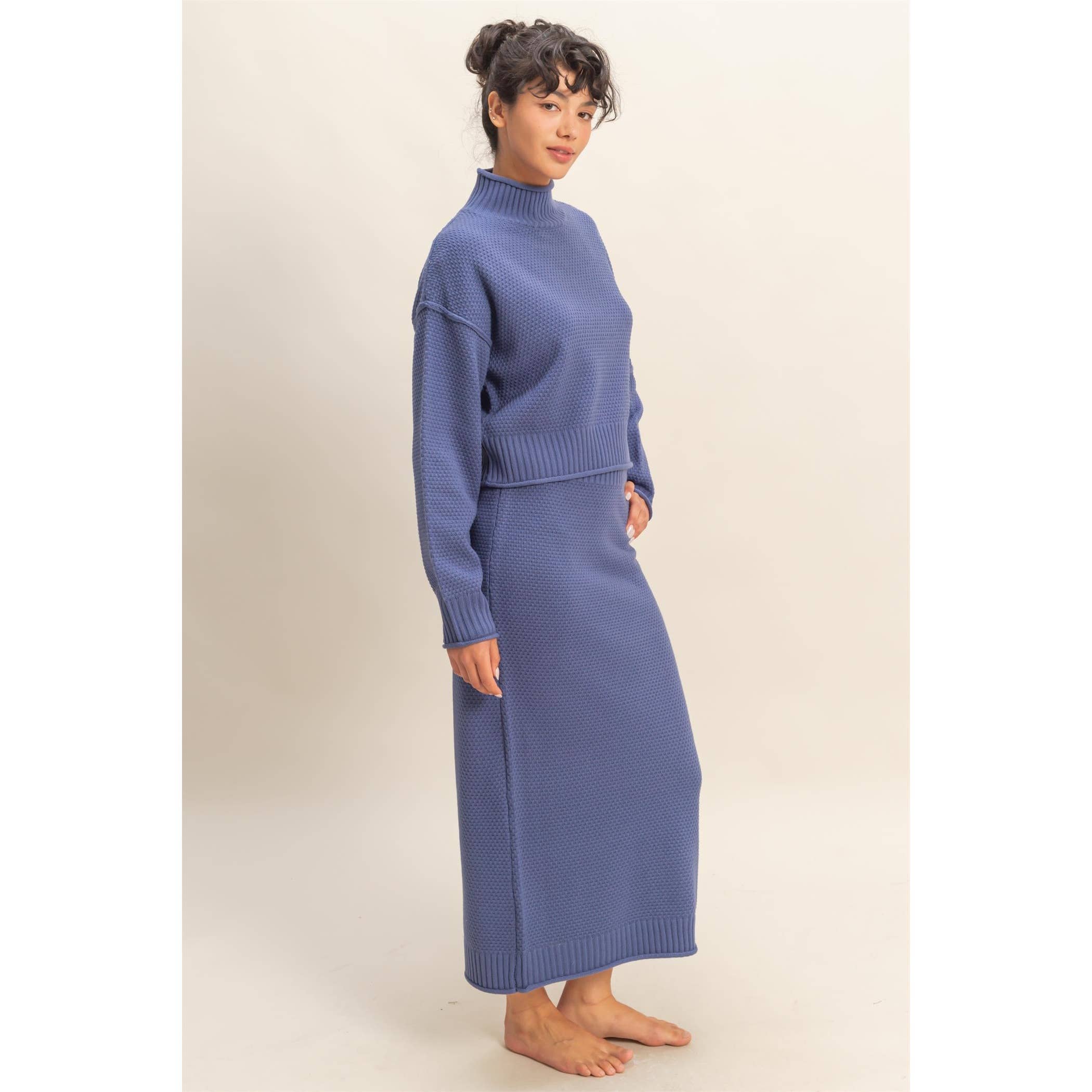 Double Zero - Wholesale Top & Skirt Set - Women's - Textured High Neck Sweater & Skirt Set3