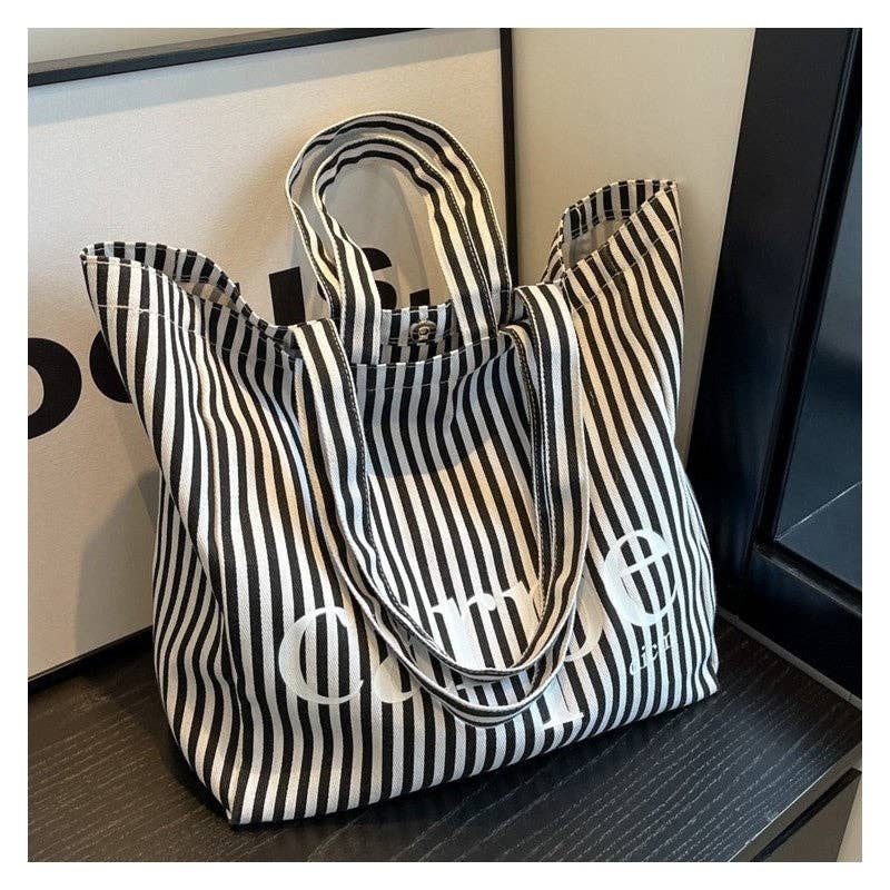 UZ Wholesale Store - Wholesale Tote Bag - Women's - Striped Letter Canvas Tote Bag with Large Capacity6