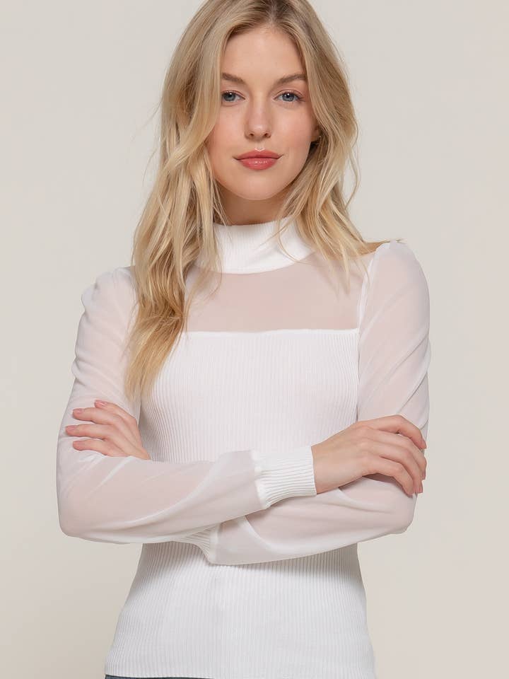 Long Sleeve Mock Neck Mesh Panel Detail Sweater Top for wholesale by Active Basic | Active USA