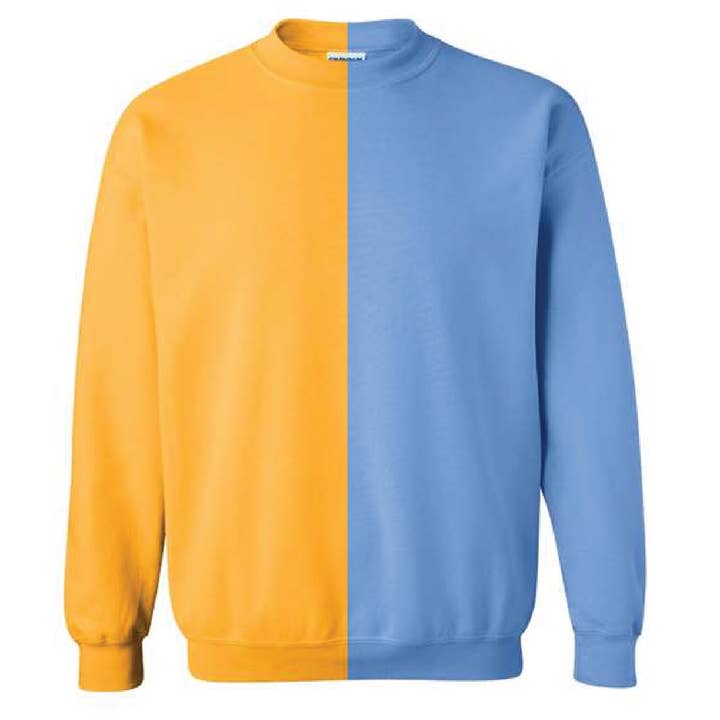 Gold & Carolina Blau geteilte Farben, zweifarbig, Rundhalsausschnitt für den Großhandel von McKenzie’s Infinity LLC