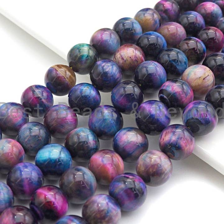 Conta redonda de olho de tigre natural nova cor galaxia 10mm/12mm, conta de olho de tigre roxo, azul e rosa, fio completo de 40,6 cm, sku#U597 por atacado de BestBeads&Beyond
