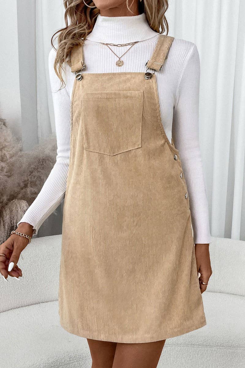 KHAKI CWDSD8740_CASUAL POCKET CORDUROY SUSPENDER DRESS for wholesale on Faire1
