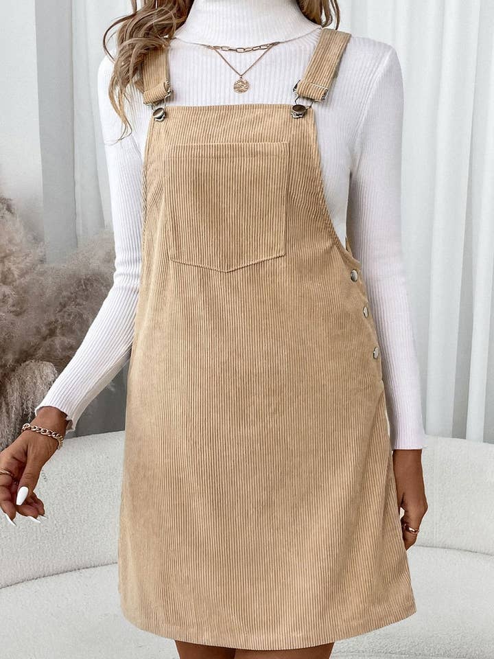 KHAKI CWDSD8740_CASUAL POCKET CORDUROY SUSPENDER DRESS for wholesale on Faire1
