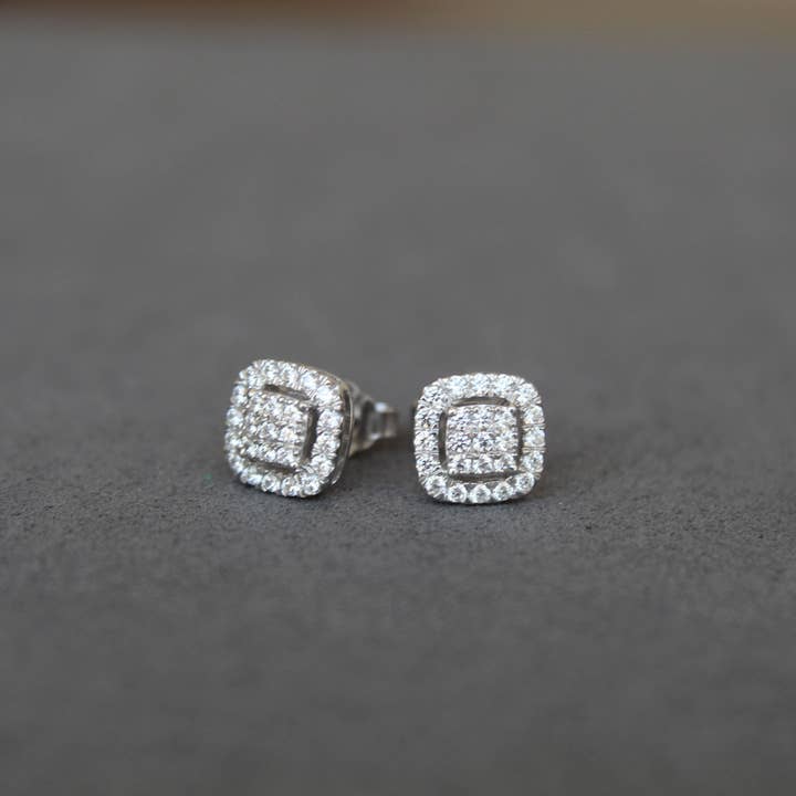 1/2Ct Diamond Halo Square Stud Earrings Set in 925 Ster for wholesale by Fifth and Fine