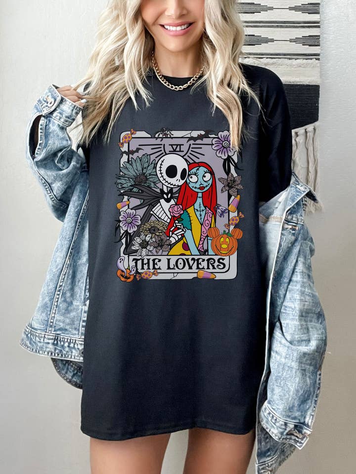 NVC Ecommerce LLC - Wholesale T-Shirt (Graphic) - Women's - Jack and Sally The Lovers Tarot Card Shirt, Halloween Tshirt