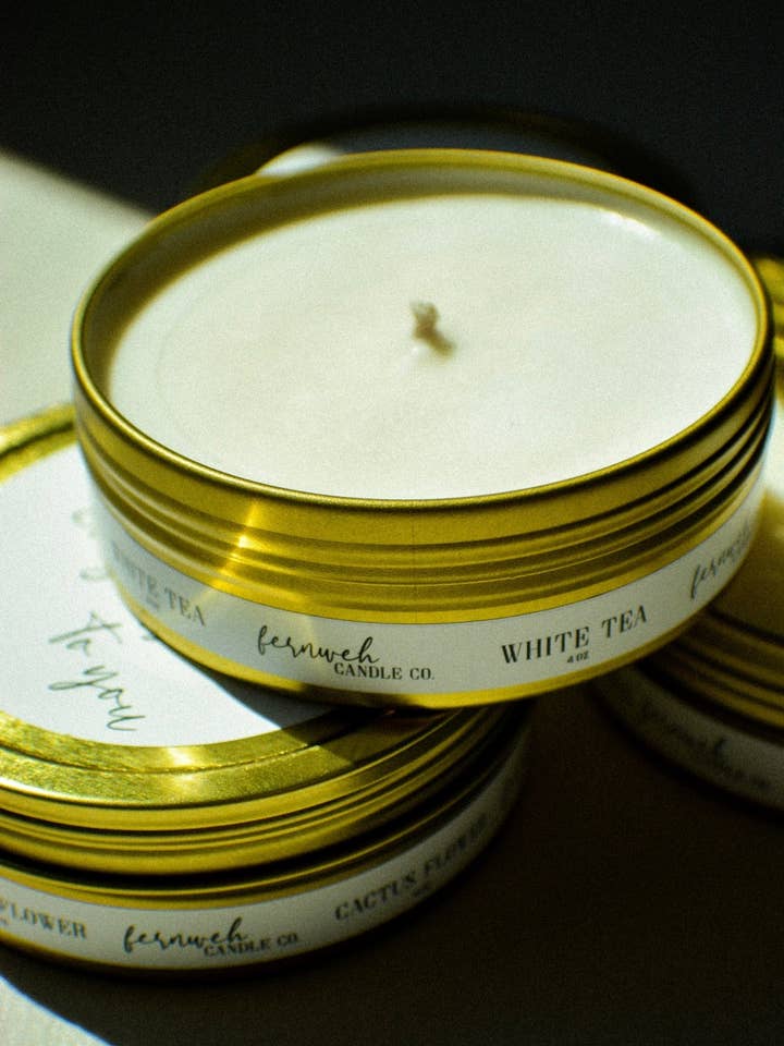 White Tea Tin Jar Filled Candle for wholesale by Fernweh Candle Co.