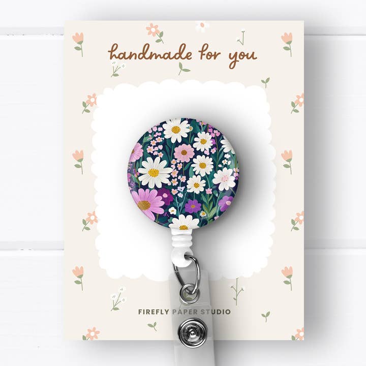 Purple Daisies Badge Reel for wholesale by Firefly Paper Studio, LLC