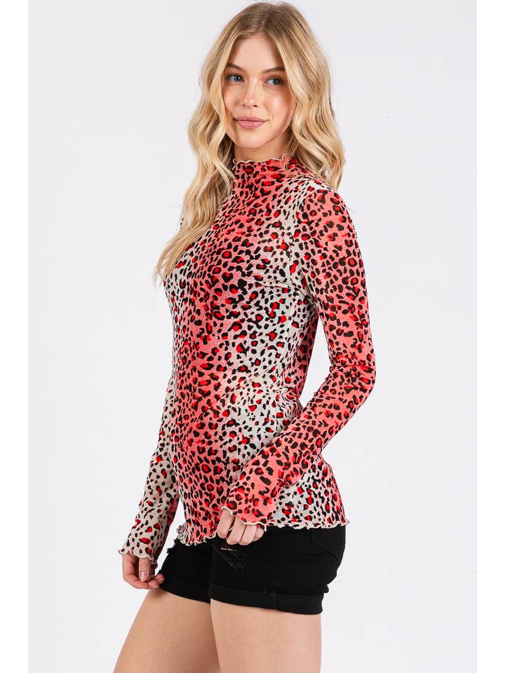 PINK MULTI Leopard Printed Mesh Long Sleeve Top for wholesale on Faire8