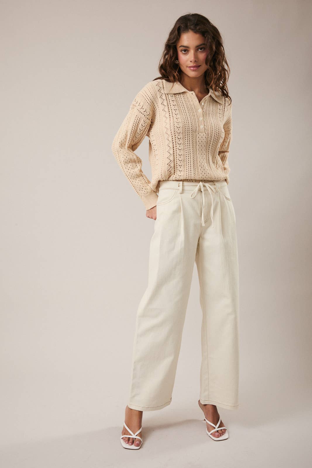 Beige POLO COLLARED OPEN KNIT LONG SLEEVE SWEATER TOP for wholesale on Faire4
