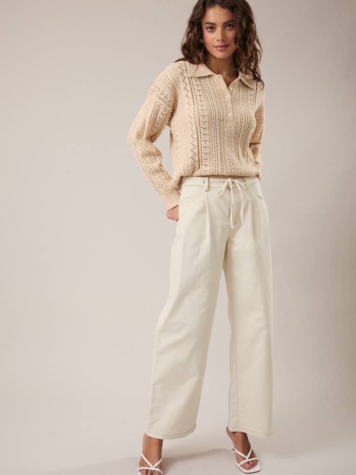 Beige POLO COLLARED OPEN KNIT LONG SLEEVE SWEATER TOP for wholesale on Faire4