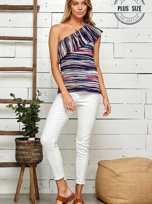 BLEU MARINE/FUCHSIA SPT5039P - PLUS HAUT À RAYURES MULTICOLORES À UNE ÉPAULE AVEC VOLANTS en vente sur Faire4