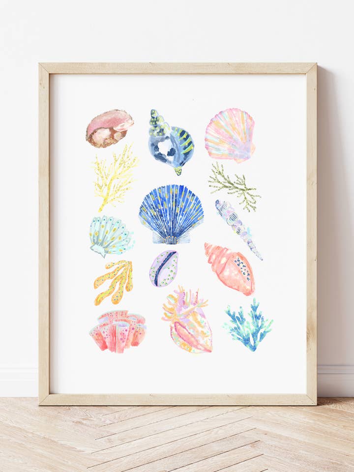 Carnival Sea shells Giclee Print A4 on Watercolour card for wholesale by popsandbuds