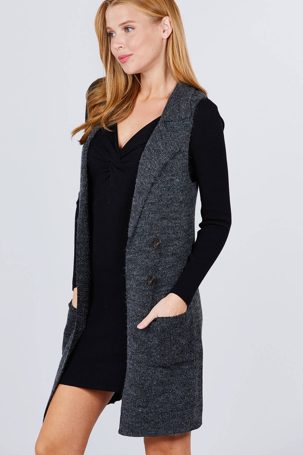 Active Basic | Active USA - Wholesale Outerwear Vest - Women's - Sleeveless Notched Collar Long Sweater Vest16