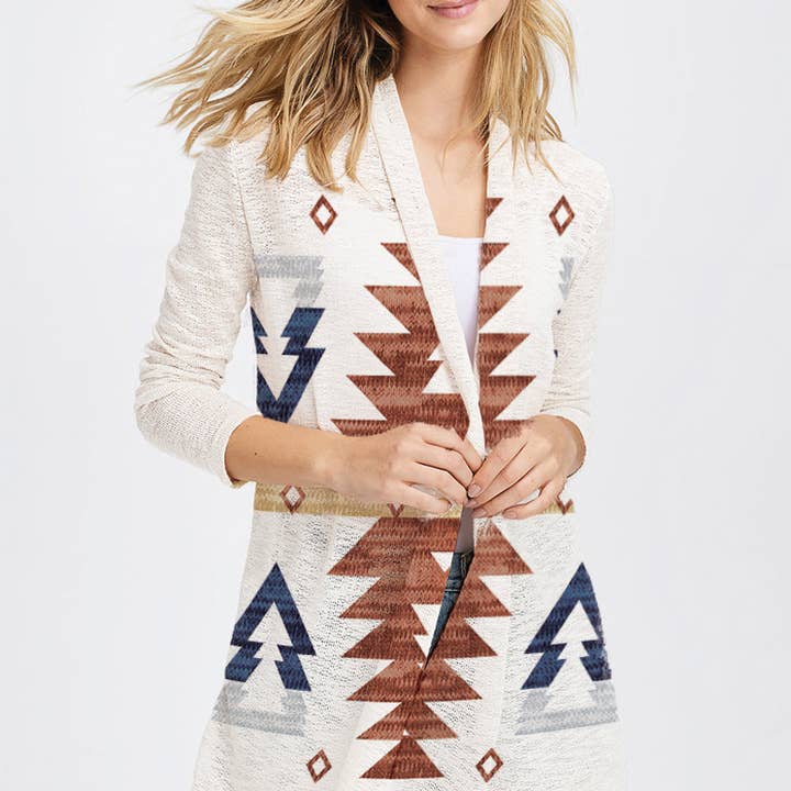 T627G9931 - Cárdigan con cinturón y estampado azteca para venta al por mayor de Phil Love