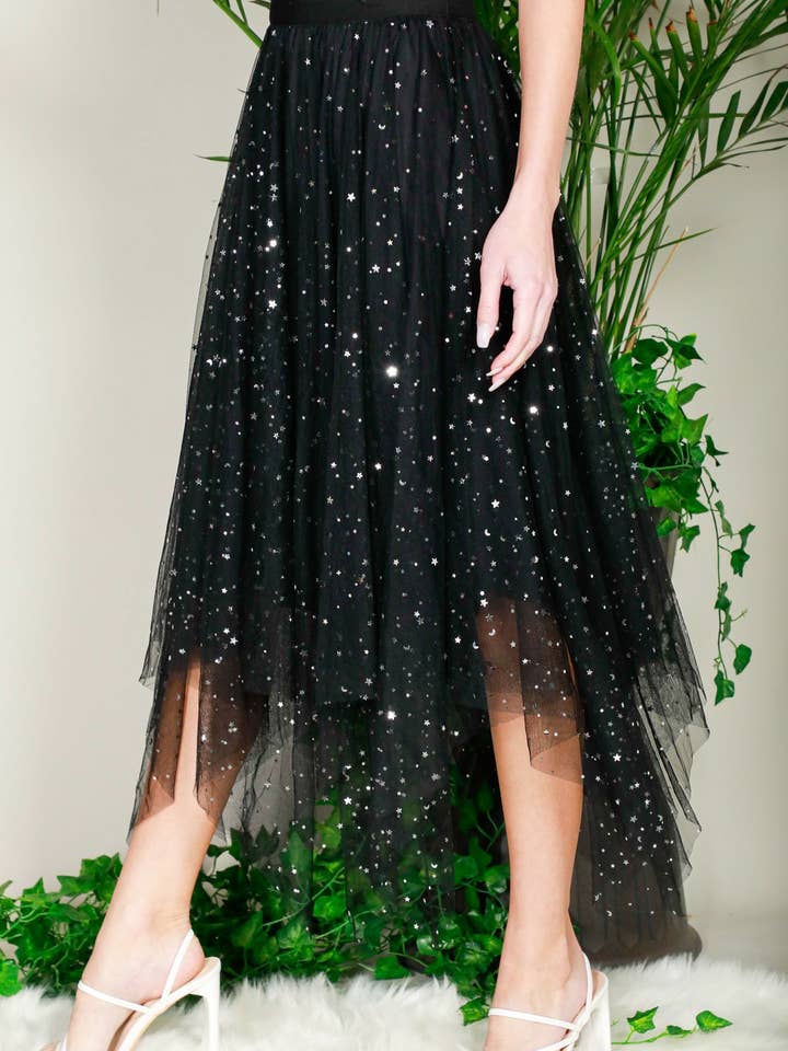 Saia Midi de Tule com Glitter de Estrelas e Cós Alto Elástico VS81985 por atacado de Vine & Love