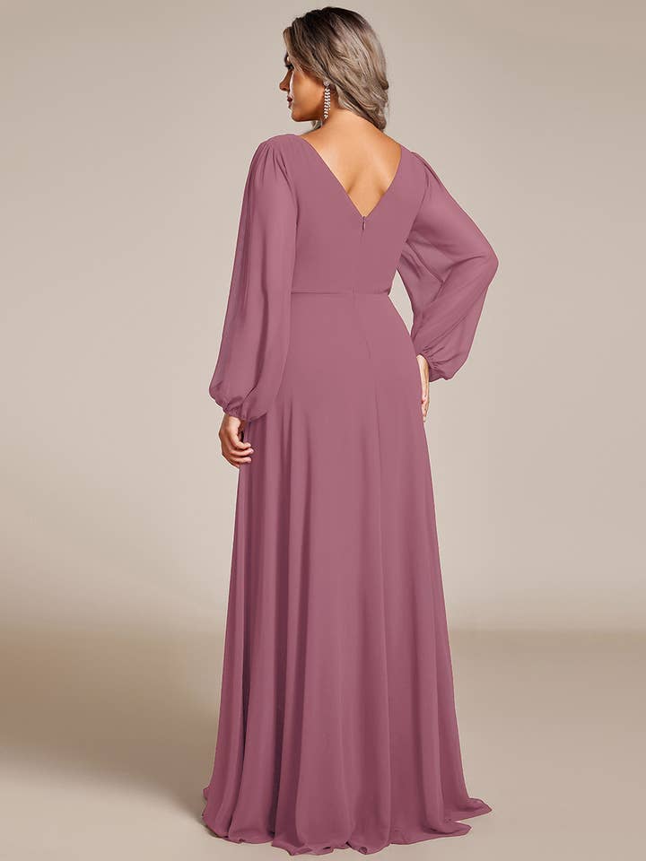 Ever-Pretty - Wholesale Gown - Women's - Elegant waisted chiffon V-neck Long Sleeve guest Dress53