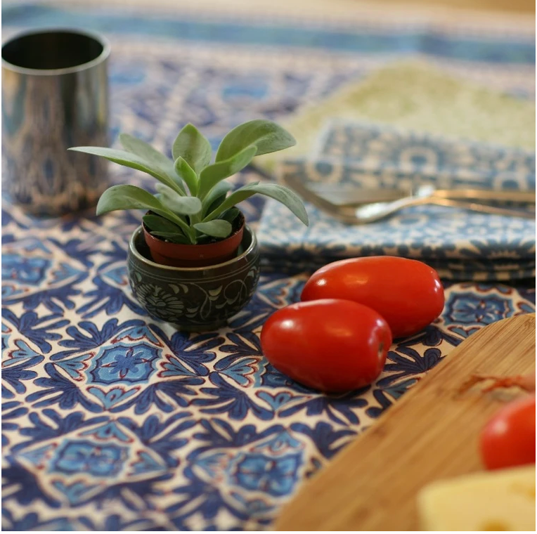 Mehera Shaw - Wholesale Tablecloth - Tablecloth Block Printed Organic Cotton - Navy Lotus1
