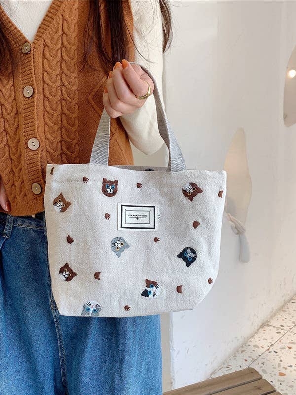 Embroidered Cat Pattern Tote Bag for wholesale by Tickled Teal