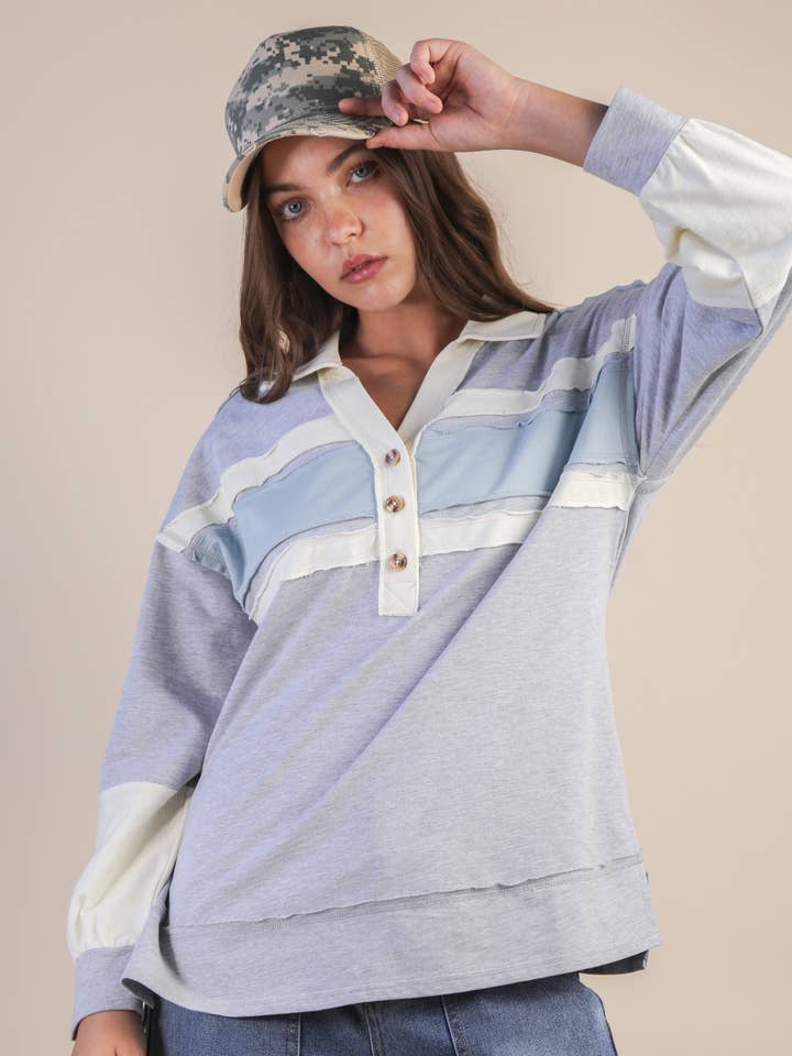 VERY J - Wholesale Knit Top - Women's - NT12347-Color Block Oversized Collared Casual Knit Top6