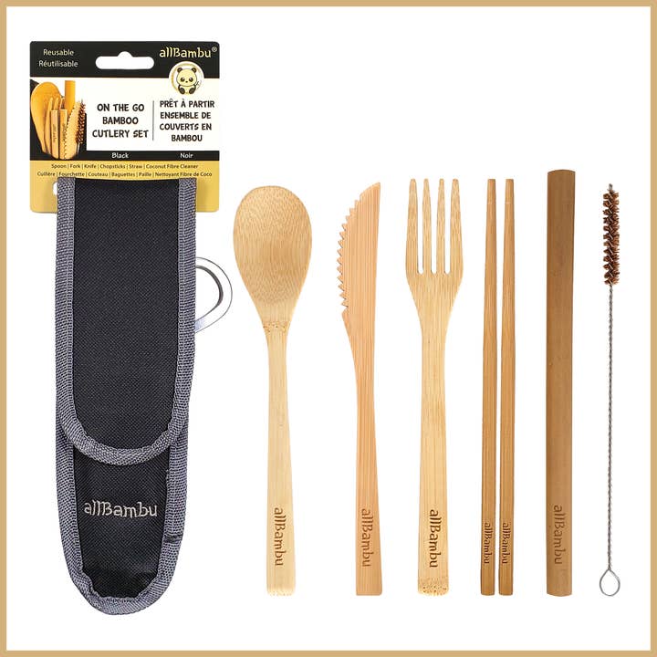 allBambu Inc - Wholesale Travel utensil set - Bamboo Reusable Travel Cutlery Set with Handy Carabiner 7pcs7