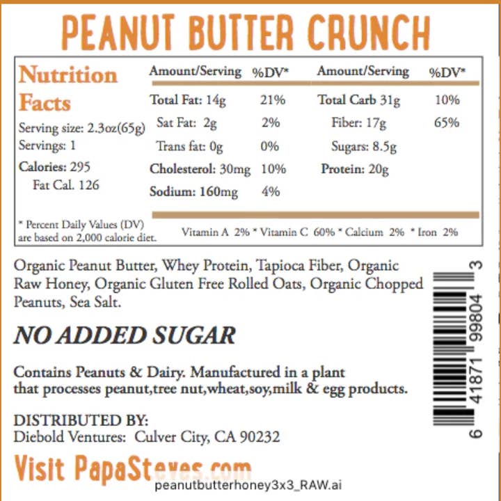 Papa Steve's No Junk Raw Protein Bars - Wholesale Snack bar - Peanut Butter Honey Crunch1
