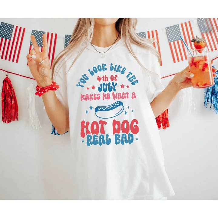 4. juli T-shirt, Vil du have en hotdog-T-shirt, Blond T-shirt for engroshandel hos Woven Wonder Apparel