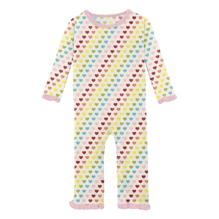 Print Oh La La Ruffle Romper in Rainbow Hearts for wholesale by KicKee Pants