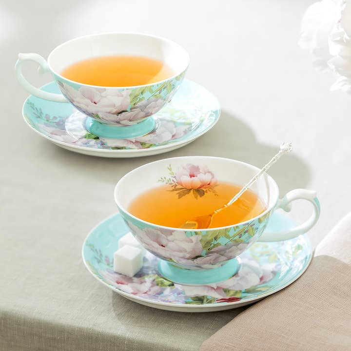 Peony Blue 8oz Bone China Cup and Saucer One Set for wholesale by Grace Teaware