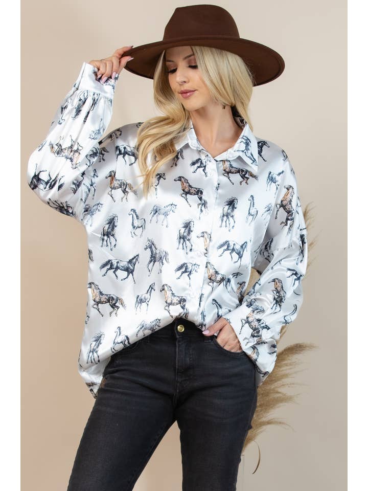 T1361S-4931-Western Horse Graphic Print Satin Button Down To for wholesale on Faire