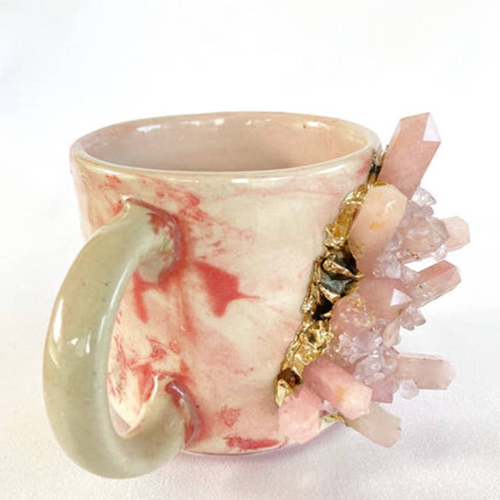 The Tangerine Store - Vendita all'ingrosso Tazza - Set di 2 | Tazza grande in ceramica effetto marmo rosa personalizzata per caffè/tè/succo con quarzo rosa/agata placcato oro semi-prezioso | 11 oz/325 ml