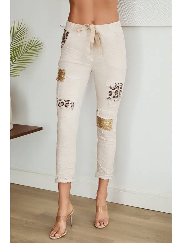 VENTI6 - Wholesale Lounge Sweatpants/Joggers - Women's - JOGGERS WITH LEOPARD/ SEQUIN PATCHES (21190-LEOPARD)