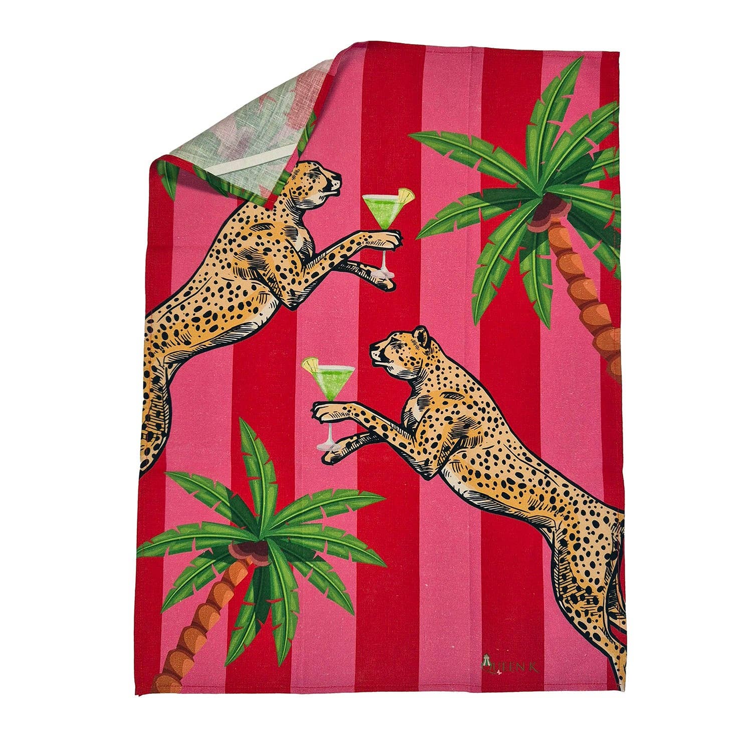 Queen K - Wholesale Tea towel - Cocktail Cheetah Red & Pink Striped 100% Linen Tea Towel5