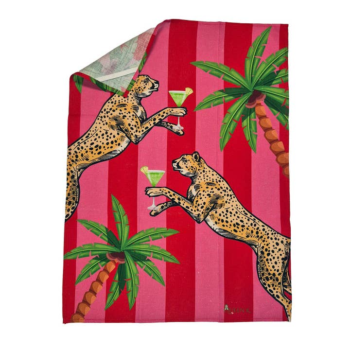 Queen K - Wholesale Tea towel - Cocktail Cheetah Red & Pink Striped 100% Linen Tea Towel5